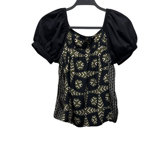 Maeve By Anthropologie Womens Catania Puff Sleeve Top Black/Green  Size XS - Picture 1 of 10